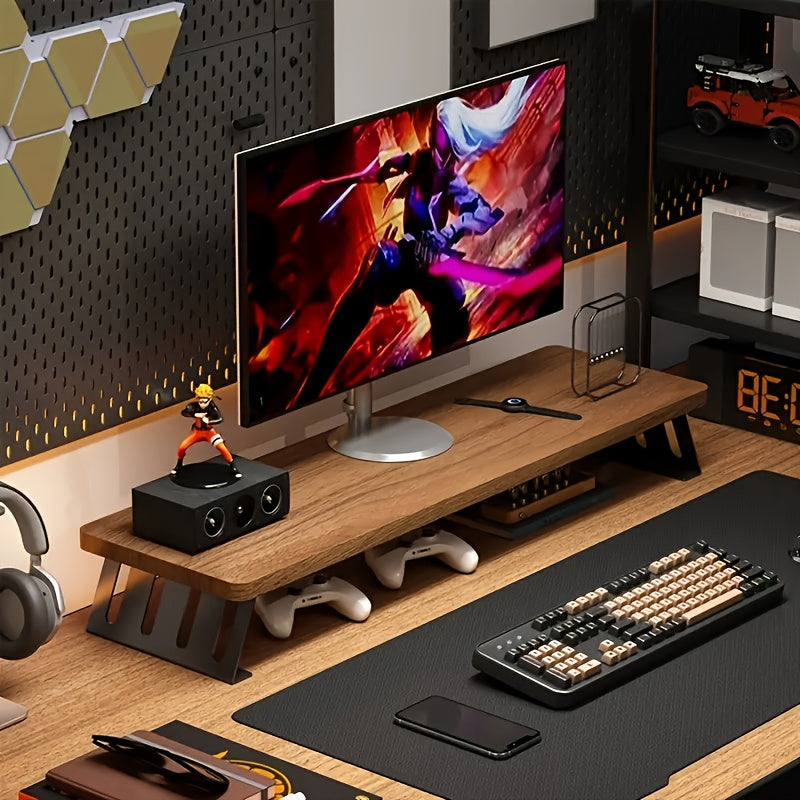 Rehausseur d'écran en bois, ergonomique, améliore la posture au bureau et organise l'espace.