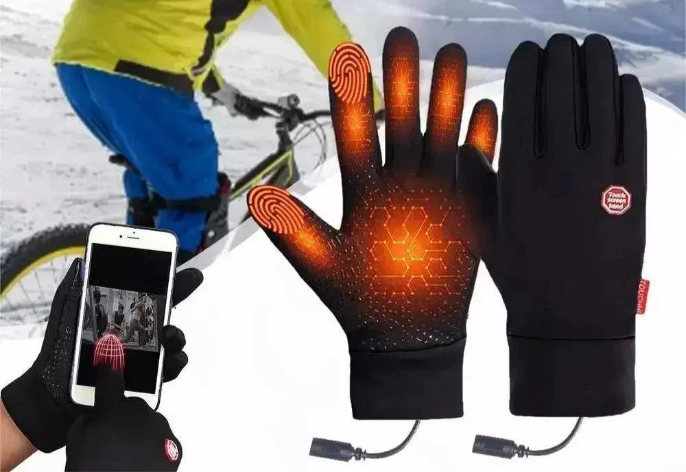 Homme portant des gants chauffants noirs tactiles, parfaits contre le froid hivernal, pour sports ou activités.