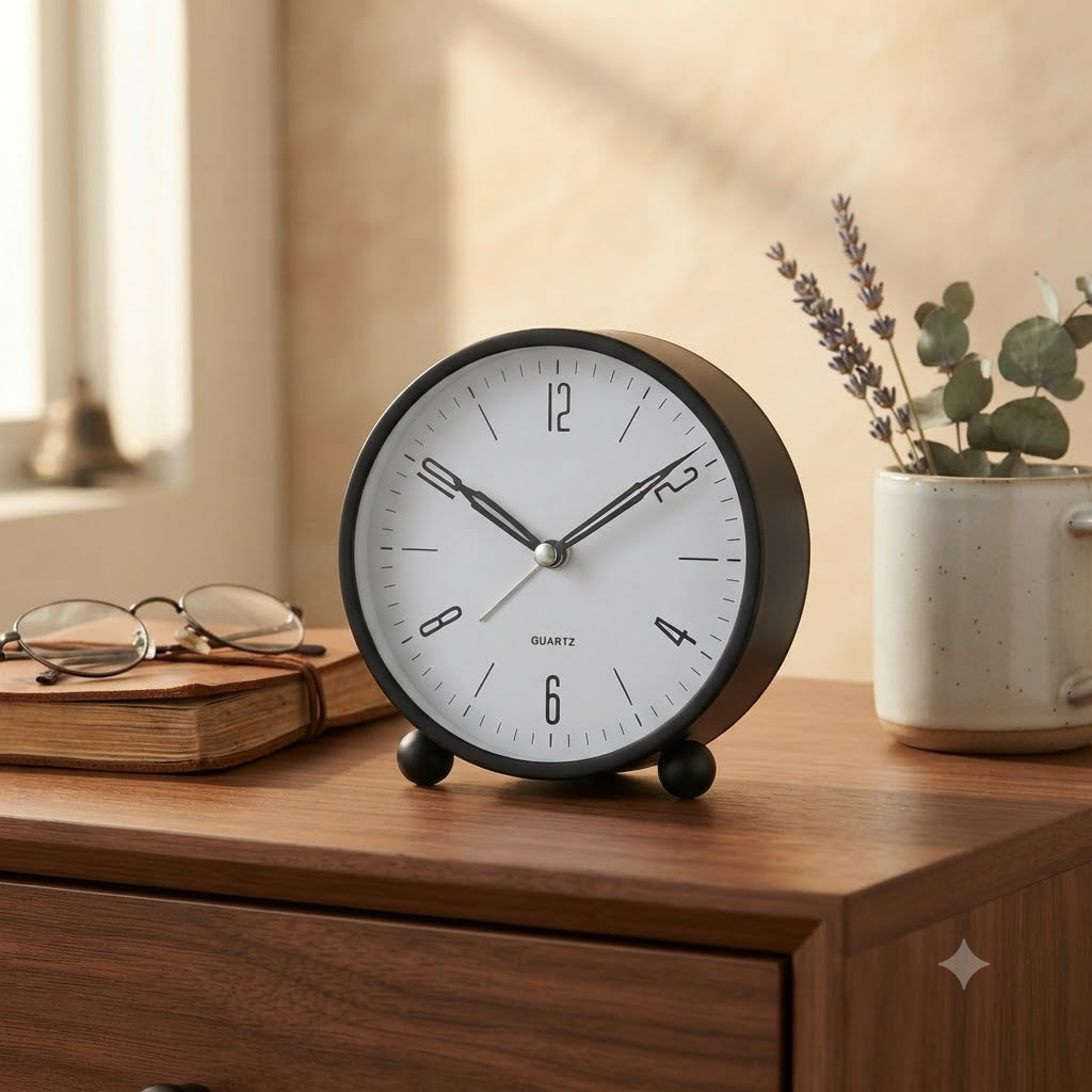 Réveil analogique silencieux compact avec veilleuse, idéal pour chambre à coucher ou voyage.