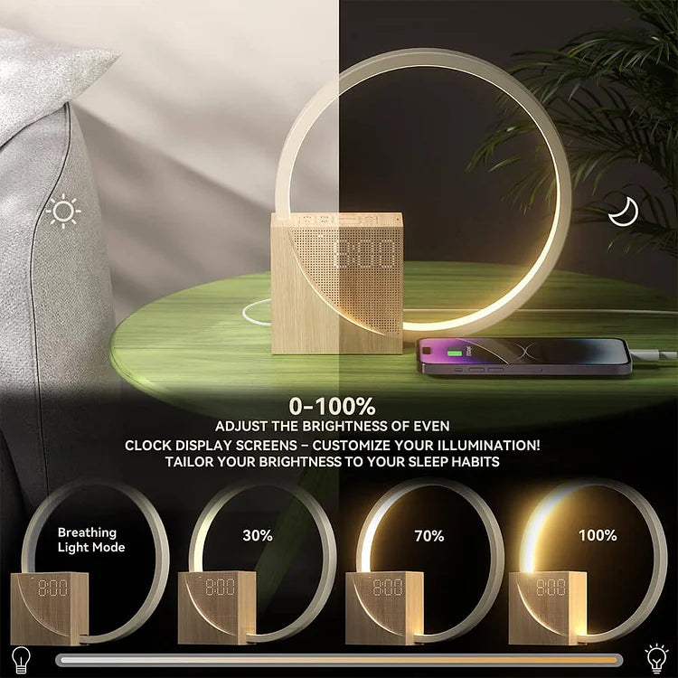 Réveil, lampe de chevet tactile, veilleuse design en bois et aluminium, accessoire de chambre.