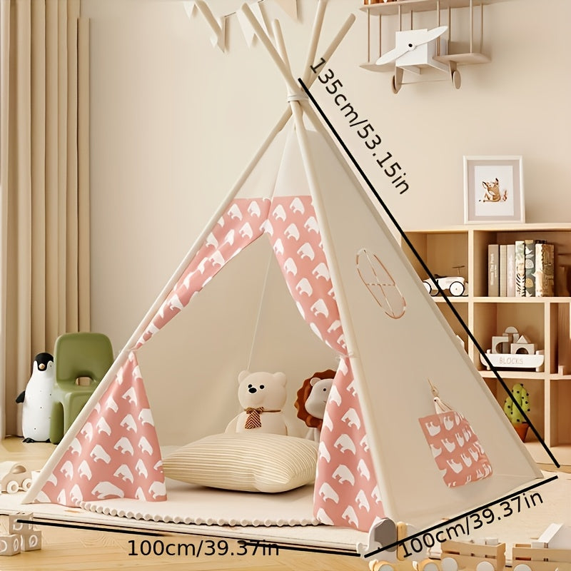 Enfants riant dans une tente tipi de jeu en coton, parfaite pour l'aventure en intérieur.