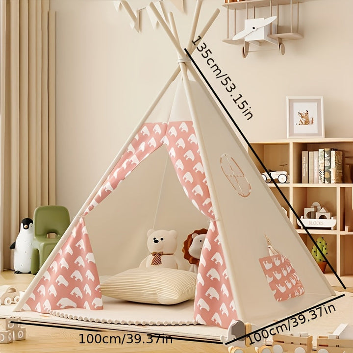 Enfants riant dans une tente tipi de jeu en coton, parfaite pour l'aventure en intérieur.