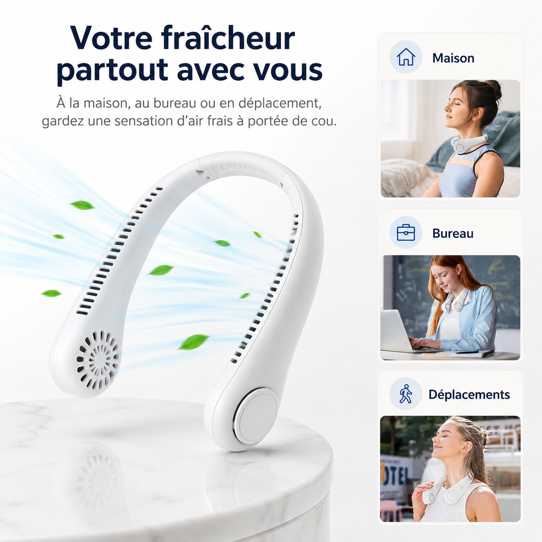 Ventilateur de cou sans fil et personnel, conçu pour le confort et le rafraîchissement en toute situation.