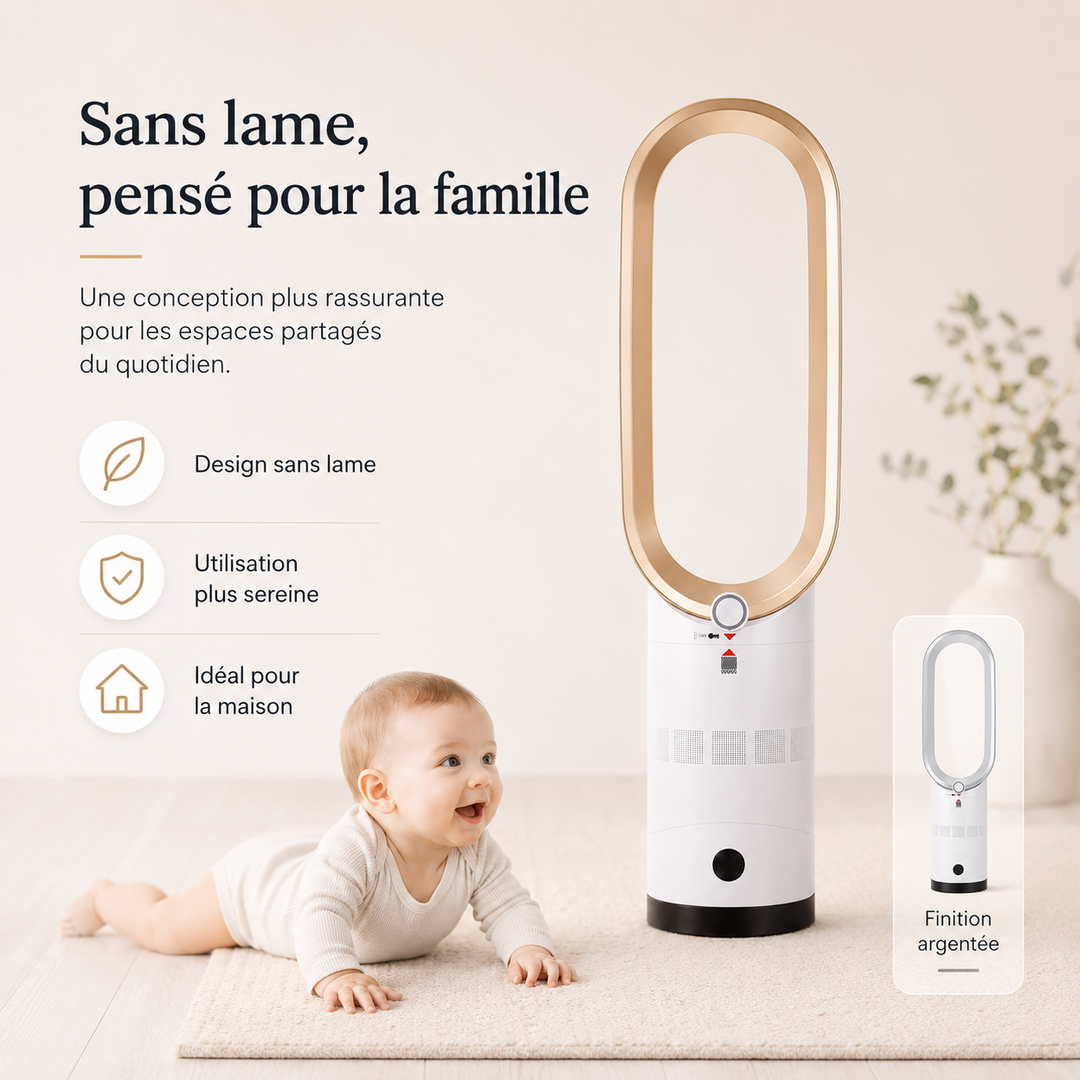 Tour AeroLuxe sans lame, design moderne. Ventilateur oscillant avec télécommande, idéal domotique.