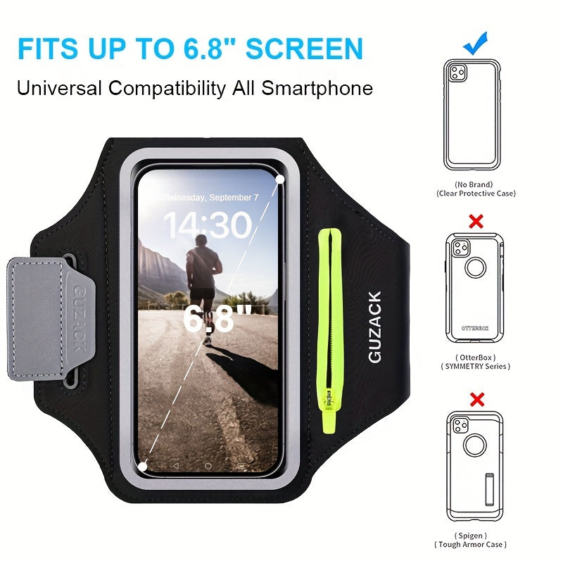 Brassard de sport vert avec pochette pour téléphone et écouteurs. Indispensable pour votre entraînement.