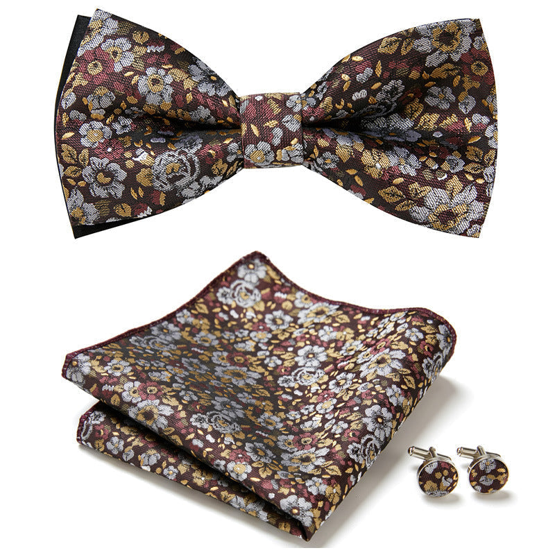 Nœud papillon en polyester, pochette et boutons de manchette homme pour un costume élégant.