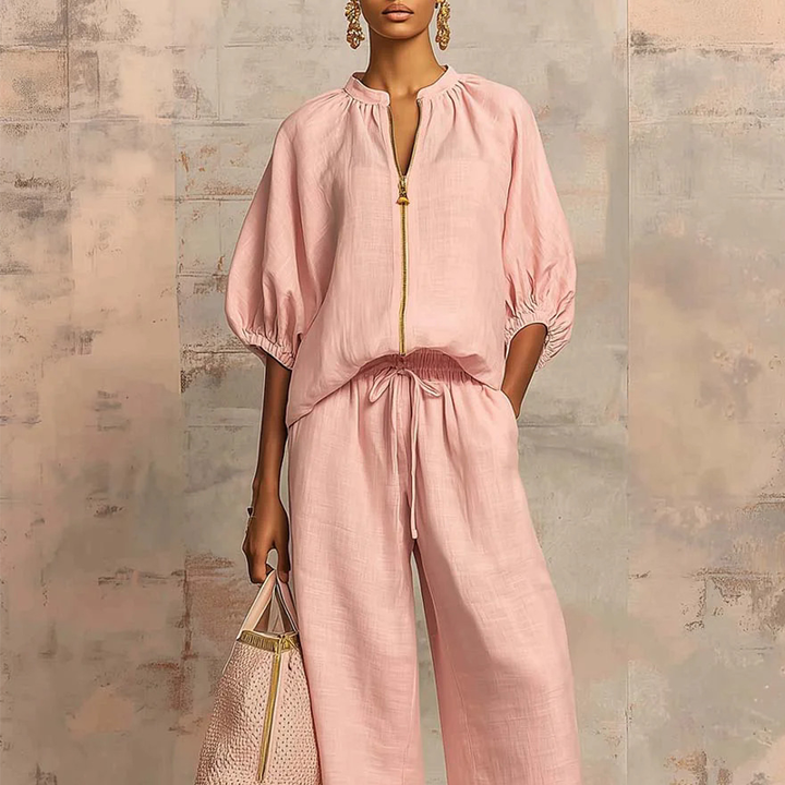 Ensemble fluide femme chic deux pièces: Blouse zippée et pantalon large confort pour printemps/été.