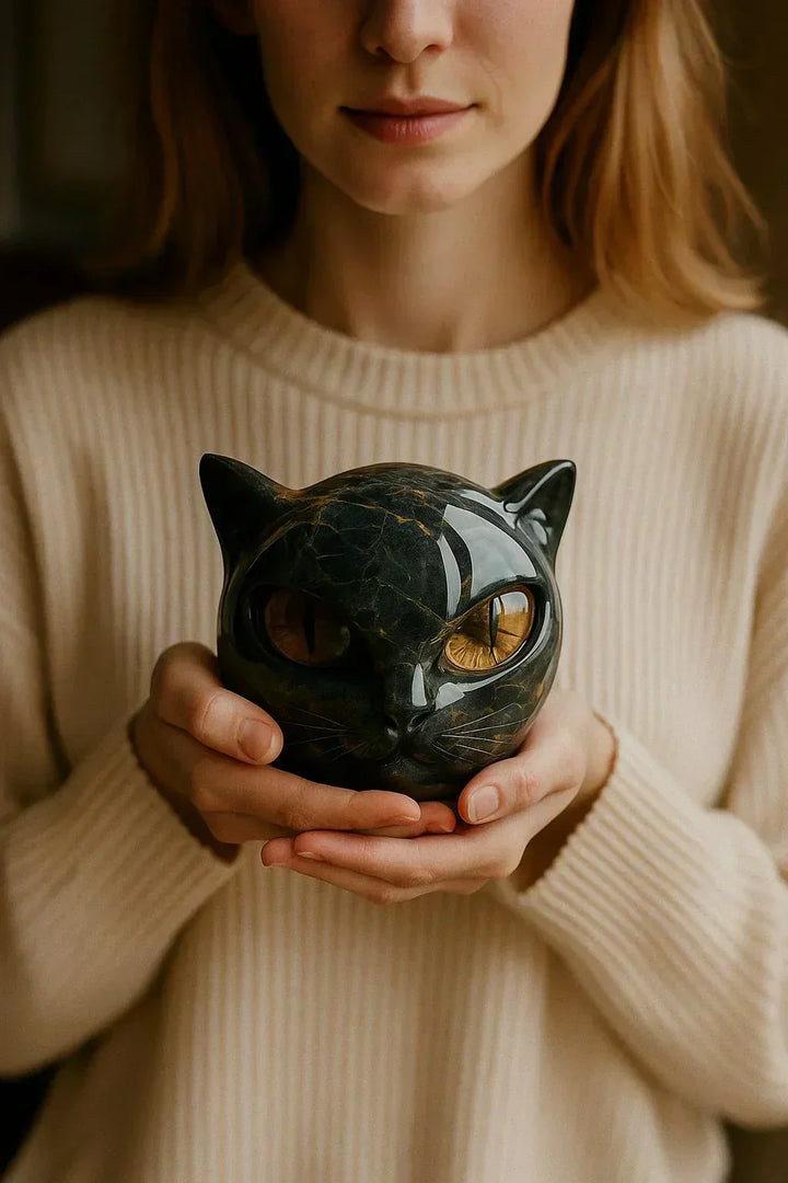 Sculpture de tête de chat en résine brillante, noire, apportant une touche d'élégance féline à votre bureau.