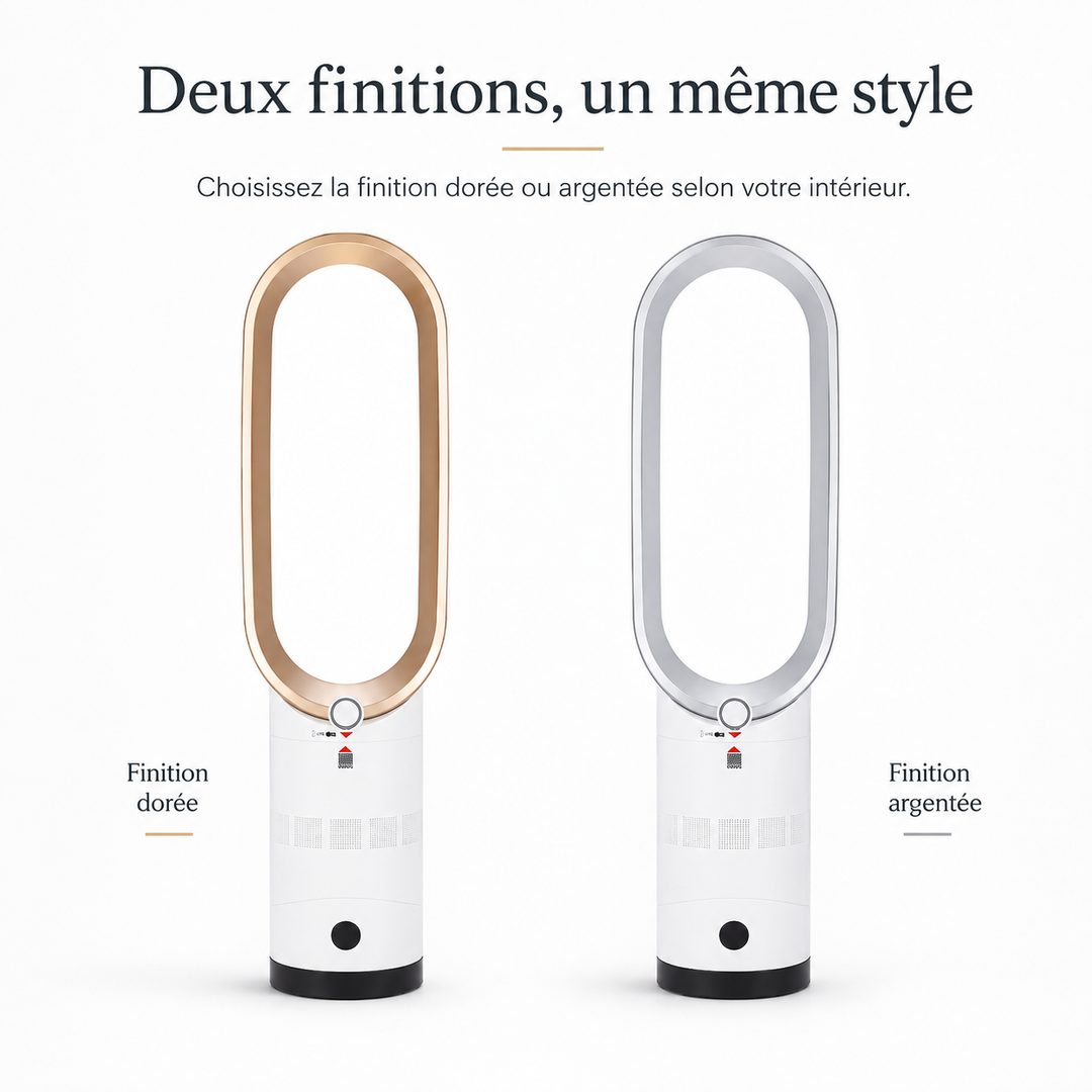 Tour sans lame AeroLuxe, sécurité accrue. Ventilateur et chauffage oscillant pour une diffusion homogène.