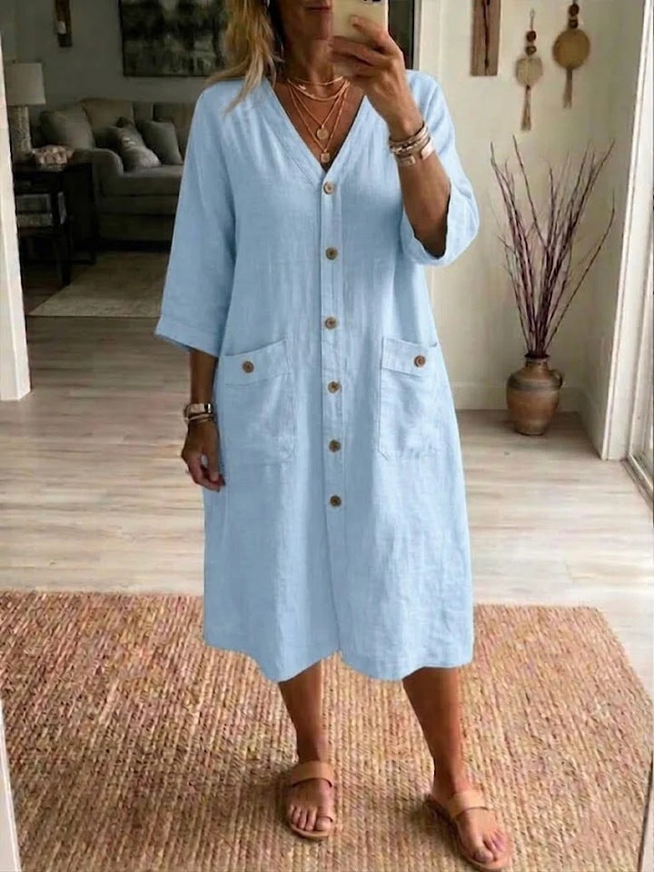 Modèle de robe midi ample pour femme, en coton lin, col V, décontractée mais élégante, parfaite pour l'été.