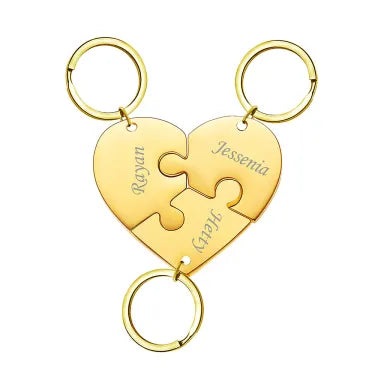 Porte-clés puzzle cœur HeartLink en acier inoxydable poli, design élégant, accessoire durable personnalisable.