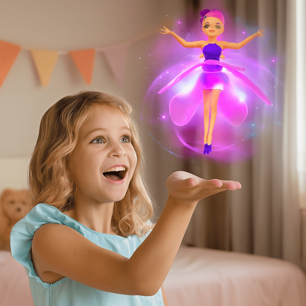 Fée volante interactive pour enfant avec lumières LED scintillantes, un jouet lumineux et captivant.