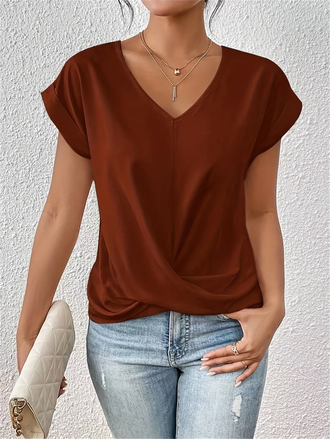 Blouse courte femme décontractée et chic à col V, manches courtes, parfaite pour l'été, polyvalente.