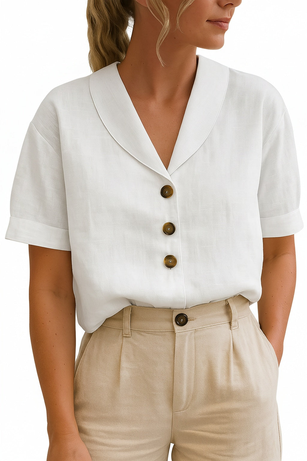 Blouse courte femme chic, col châle, boutons dorés. Idéale printemps/été pour une élégance décontractée.