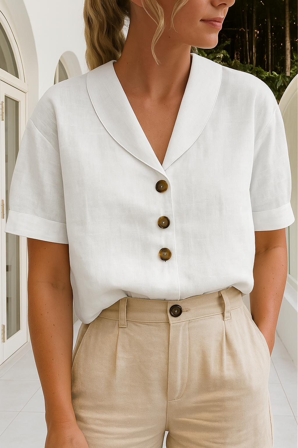 Blouse femme élégante, manches courtes, col châle, coupe courte. Parfaite pour un style chic et moderne.