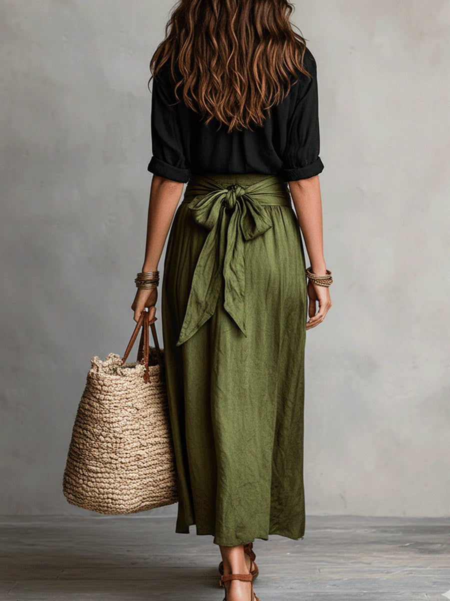 Jupe midi taille haute et chemise assortie. Ensemble femme deux pièces idéal printemps été, look chic et décontracté.
