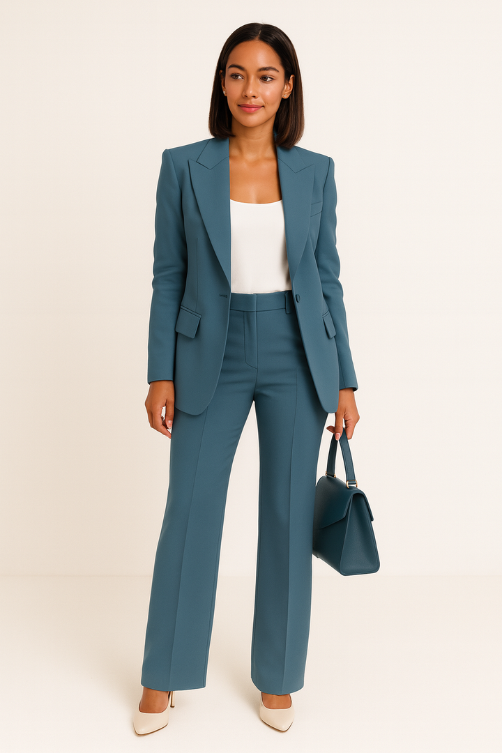 Coordonné femme chic : blazer ajusté et pantalon large taille haute, idéal pour mode bureau et événements.