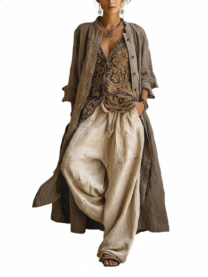 Ensemble bohème élégant femme: cardigan long, top imprimé et pantalon large fluide. Tenue coordonnée boho chic.