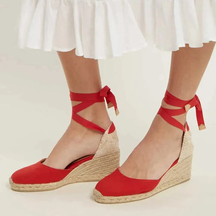 Chaussures espadrilles à talon compensé pour femme, avec lacets à enrouler autour de la cheville, élégantes.