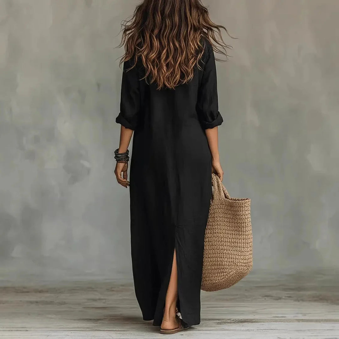 Robe longue femme type chemise, manches 3/4, fente, style bohème. Confortable, polyvalente, parfaite pour l'été.