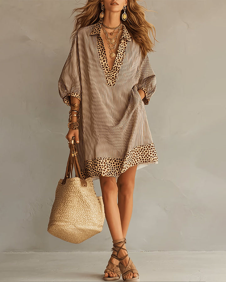 Robe courte femme fluide style bohème chic, col chemise, motif léopard/rayures.