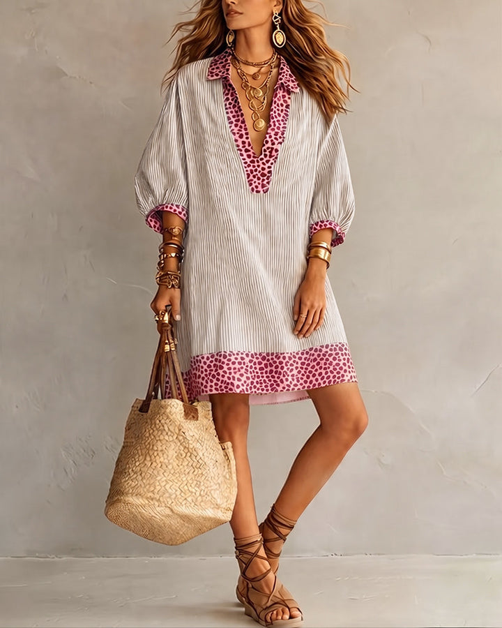 Robe décontractée femme courte, style chemisier, imprimé léopard et rayures, manches bouffantes.