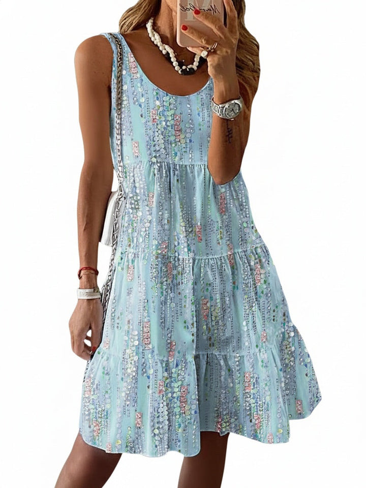 Robe courte femme fleurie bohème d'été, sans manches avec volants, imprimé floral décontracté. Idéale pour la plage.
