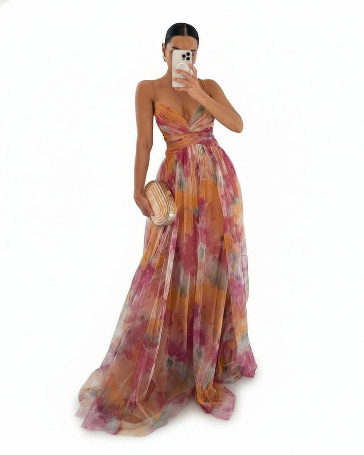 Robe de soirée longue femme, col V, imprimé floral. Ligne A élégante pour bal et mariage.