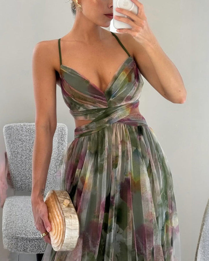 Robe de soirée femme, coupe ligne A, col V, imprimé floral. Longue et festive pour bal ou mariage.