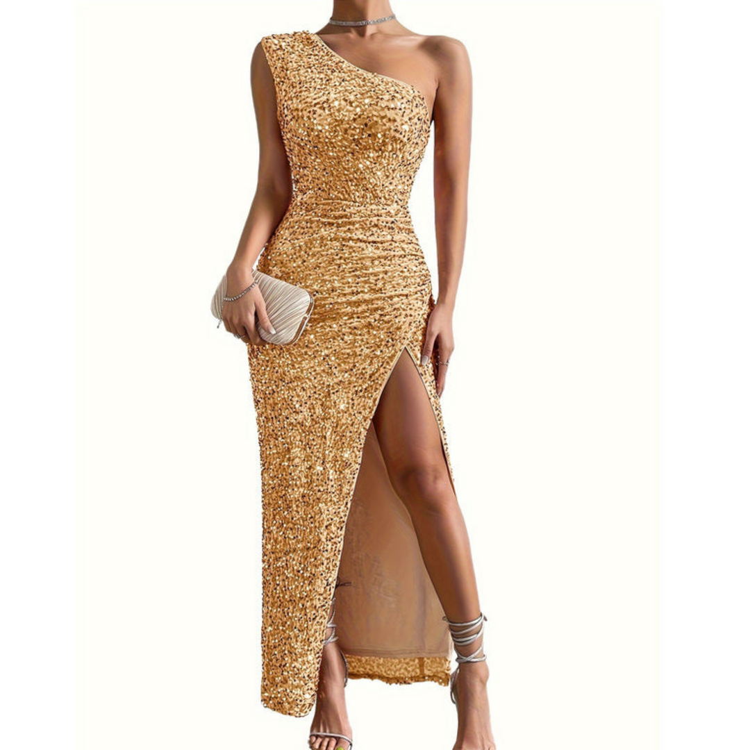 Robe de soirée femme monobretelle à paillettes, coupe longue et fente élégante pour gala.