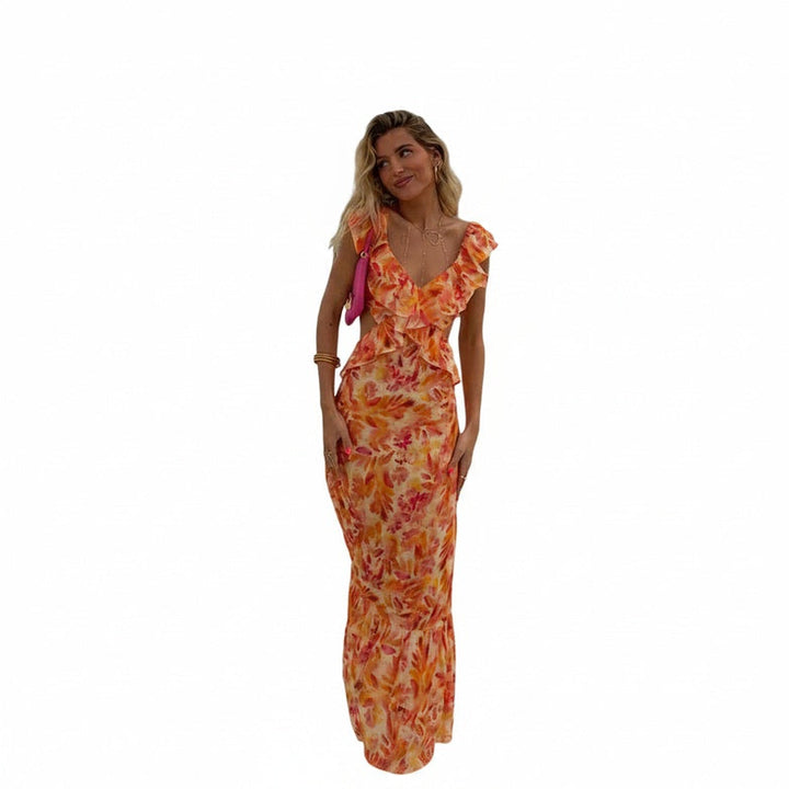 Robe longue fleurie femme style bohème chic, parfaite pour l'été et les vacances. Élégance féminine et confort.