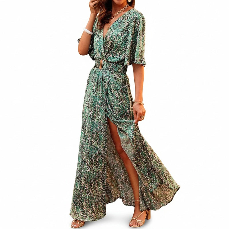 Robe longue bohème femme fluide à imprimé floral, col en V, fente latérale. Idéale pour l'été et les vacances chic.