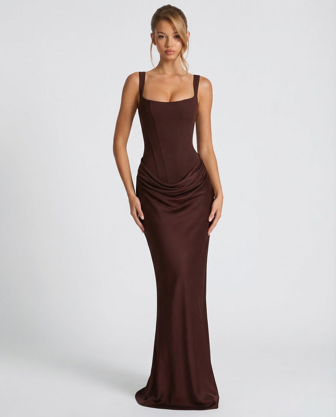 Robe de soirée chic femme, coupe moulante avec corset et col carré, une tenue élégante pour vos événements.