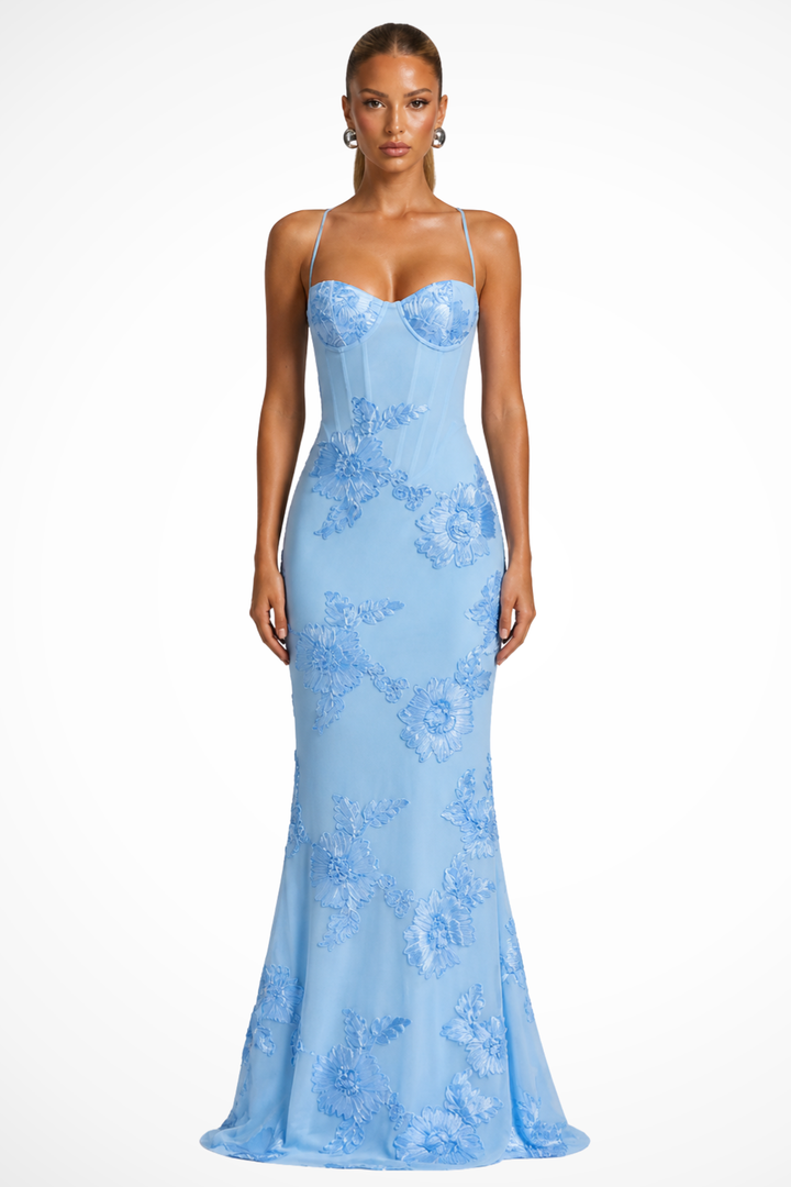 Robe de soirée femme, maxi, bretelles fines, élégante, pour événement spécial, brodée.