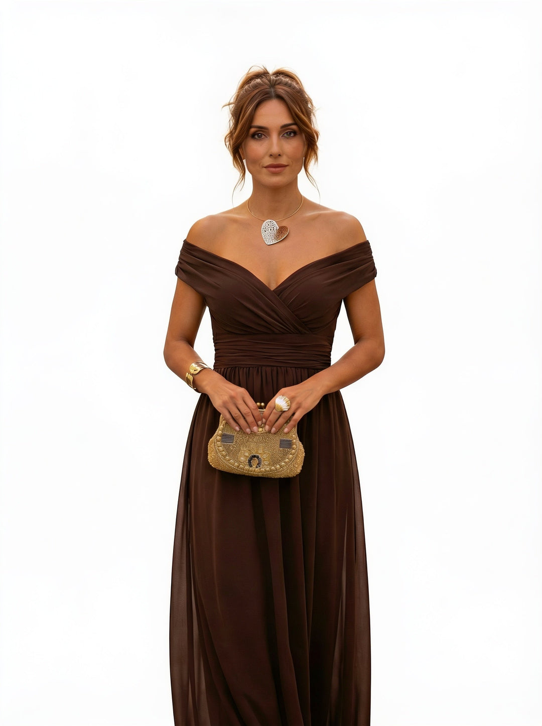 Robe longue de soirée femme élégante, col V profond, épaules dénudées. Parfaite pour mariage ou gala.
