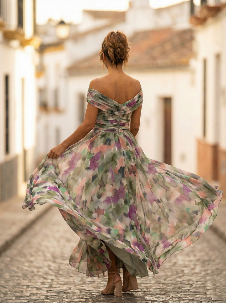 Robe de cocktail longue femme, col V, épaules dénudées. Chic et moderne pour les événements.