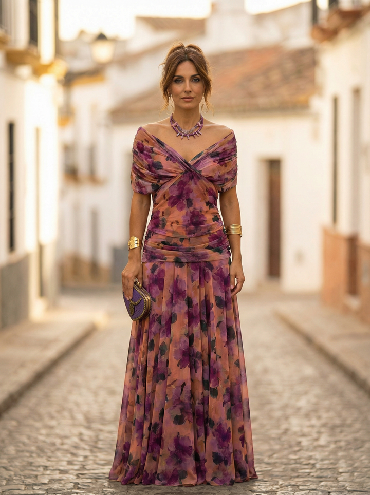 Robe de soirée femme, col V, épaules dénudées, coupe maxi. Parfaite pour un événement élégant.