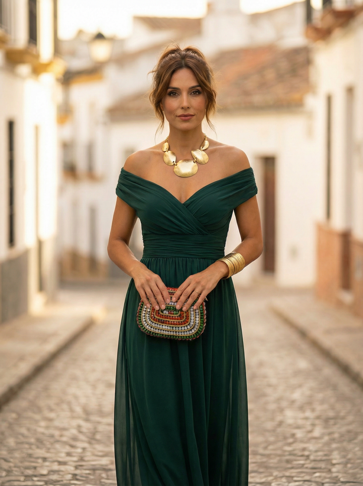 Sublime robe longue femme, col V, épaules dénudées. Idéale pour mariage, bal, gala ou soirée chic.