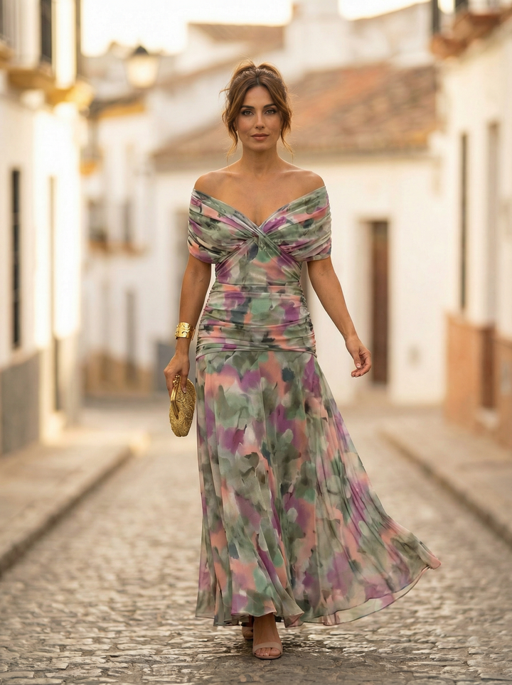 Robe maxi femme, col V, épaules dénudées, style soirée. Parfaite pour un look chic et tendance.