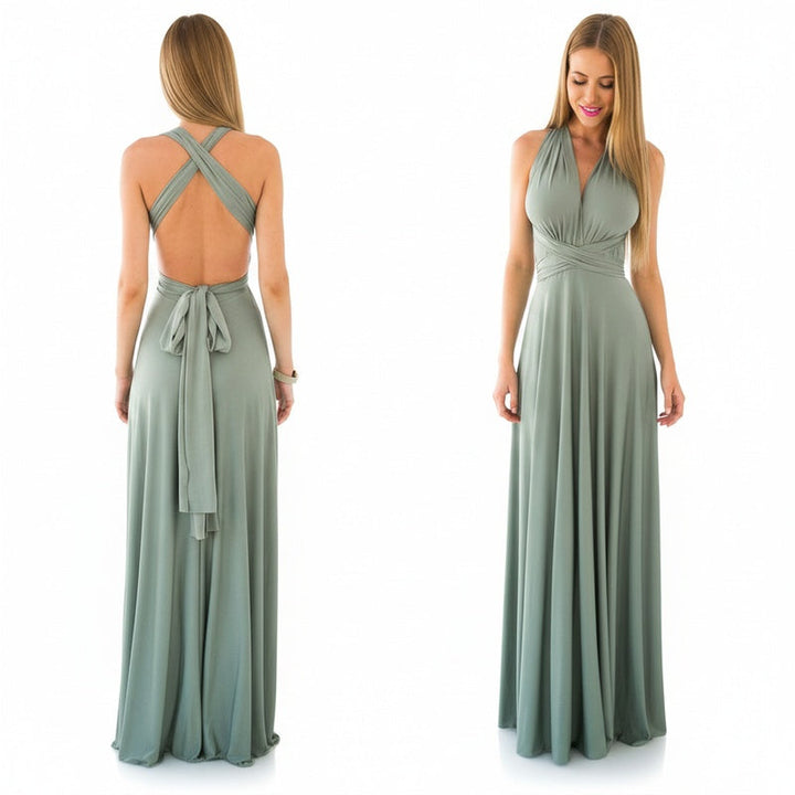 Robe longue multiportée femme, élégante pour soirée, mariage ou demoiselle d'honneur. Tissu fluide, polyvalente.