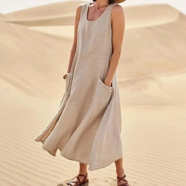 Vêtements femme: robe décontractée maxi avec col rond et poches, confort assuré.
