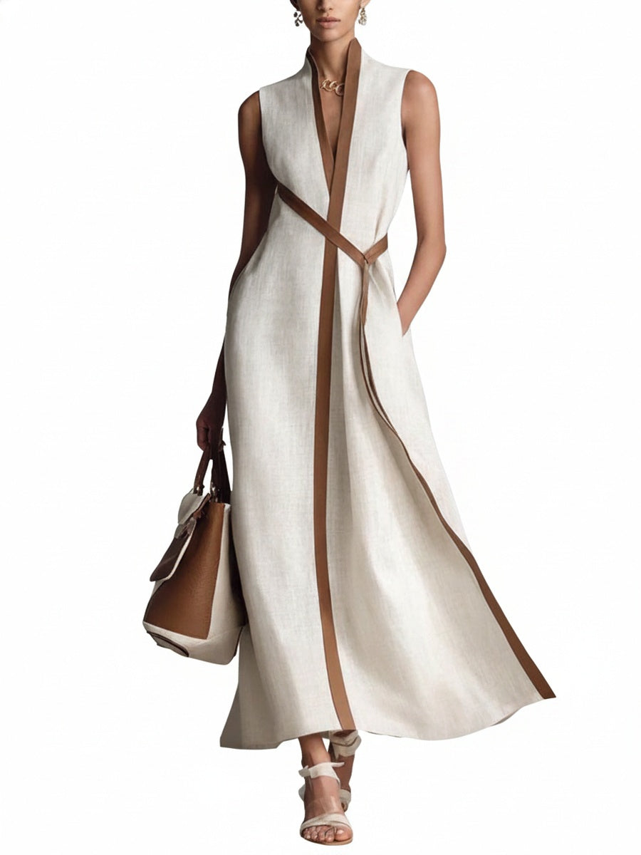 Robe longue femme élégante col V sans manches, silhouette A, chic pour l'été.