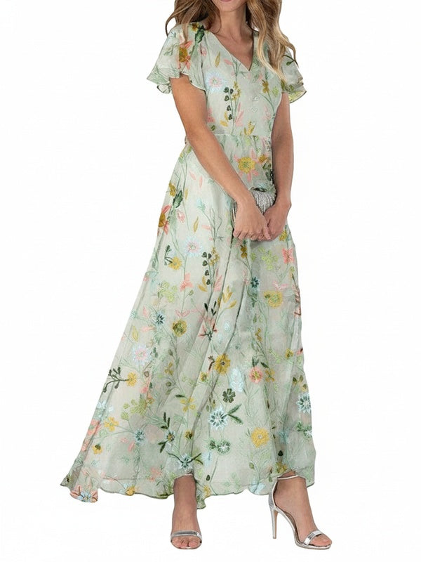 Robe maxi florale élégante pour femme, col V, manches courtes évasées. Parfaite pour l'été et le printemps, style décontracté chic.