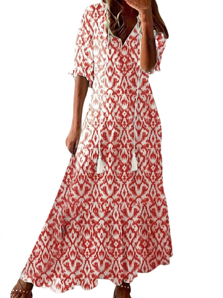 Robe femme maxi chic avec imprimé abstrait unique et col V flatteur. Manches courtes, style décontracté parfait pour l'été.
