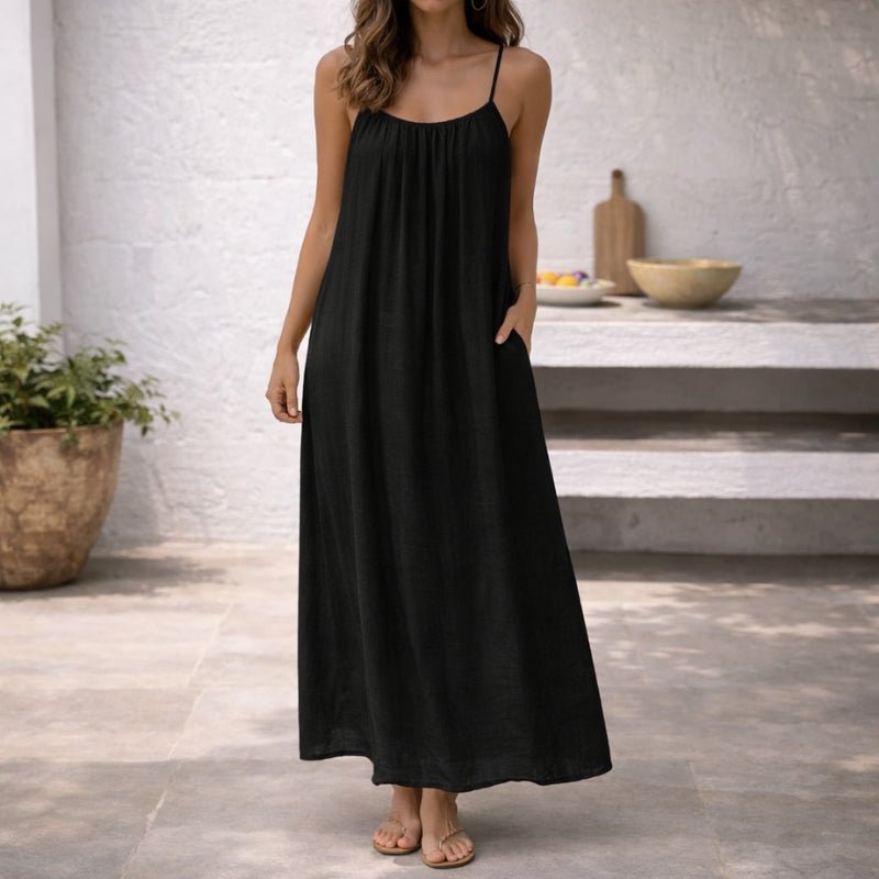 Robe de plage femme fluide et légère, bretelles ajustables, dos ouvert style bohème, poches discrètes.