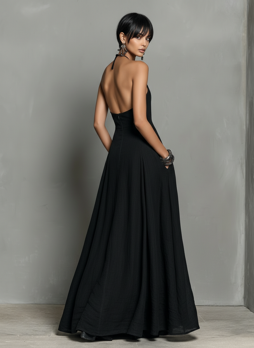 Robe maxi ligne A femme col halter avec poches pratiques, sans manches, pour un look chic et décontracté.