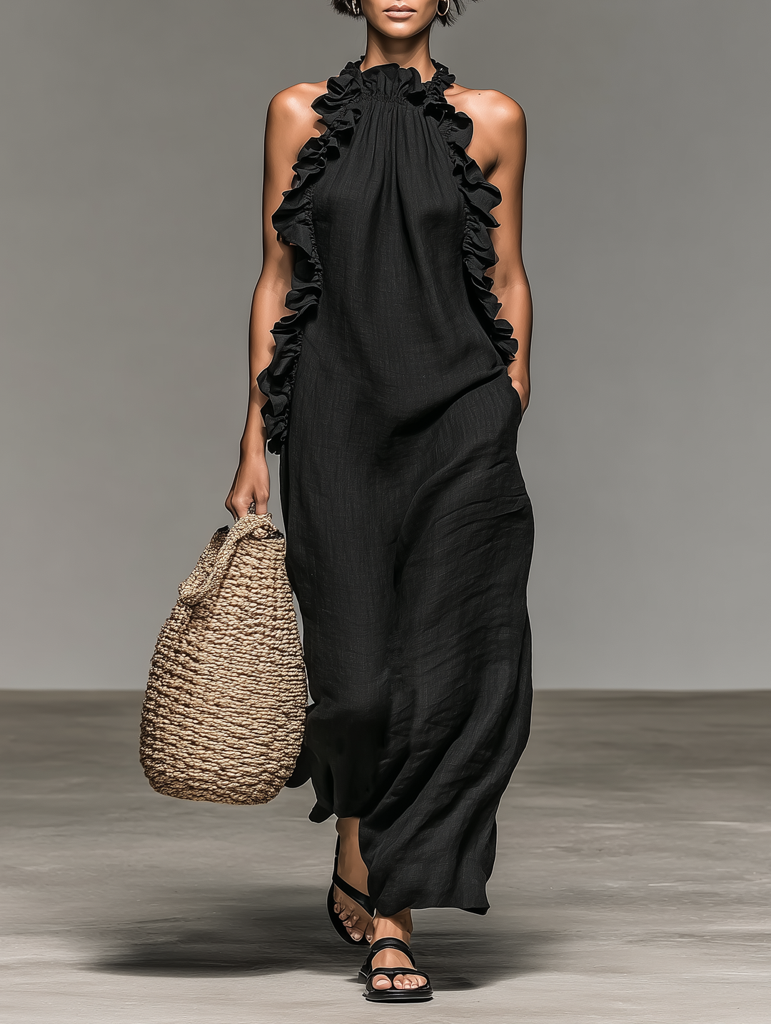 Robe longue femme bohème fluide pour vacances, plage. Confortable et décontractée avec volants.