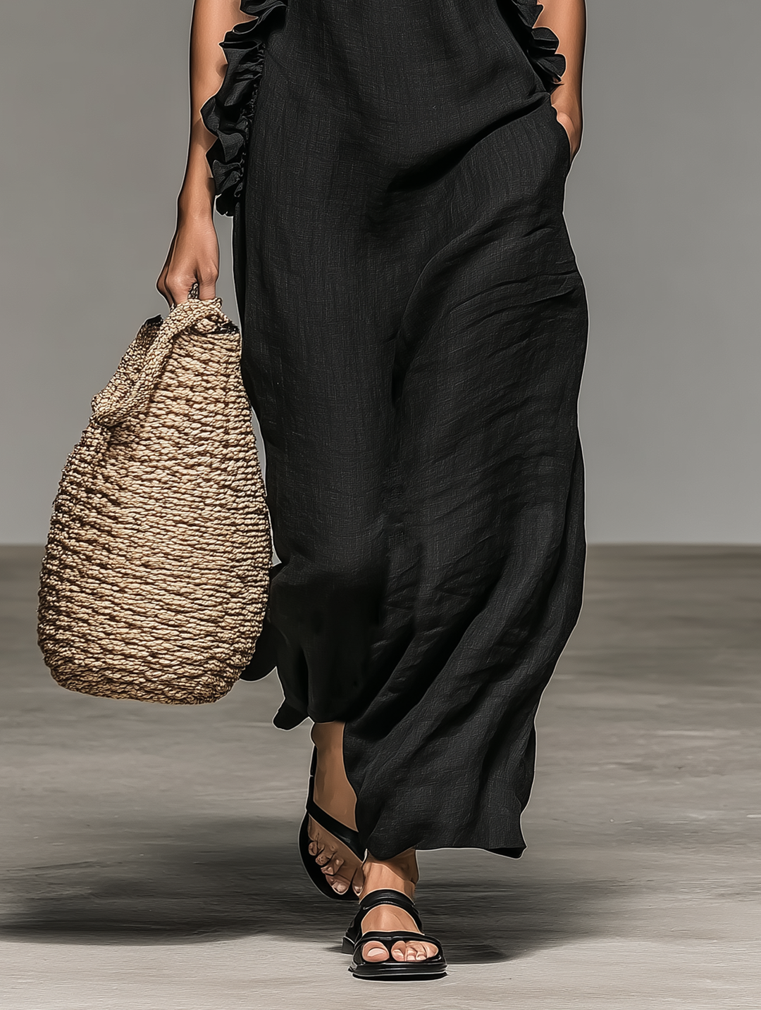 Robe maxi fluide femme avec col halter et volants. Confortable et légère pour vos journées ensoleillées.