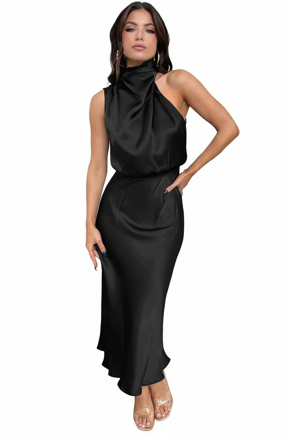 Robe maxi femme élégante col halter dos nu, parfaite pour soirée chic ou cocktail d'été.
