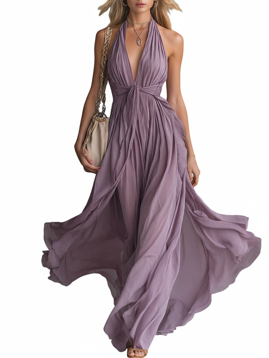 Robe maxi élégante femme violette, col halter plongeant, coupe A-ligne. Idéale pour soirées & mariages.